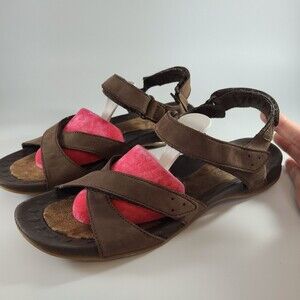 Lands End Womens Brown Leather Hook And Loop Strappy Sandals Size 9B #359-594